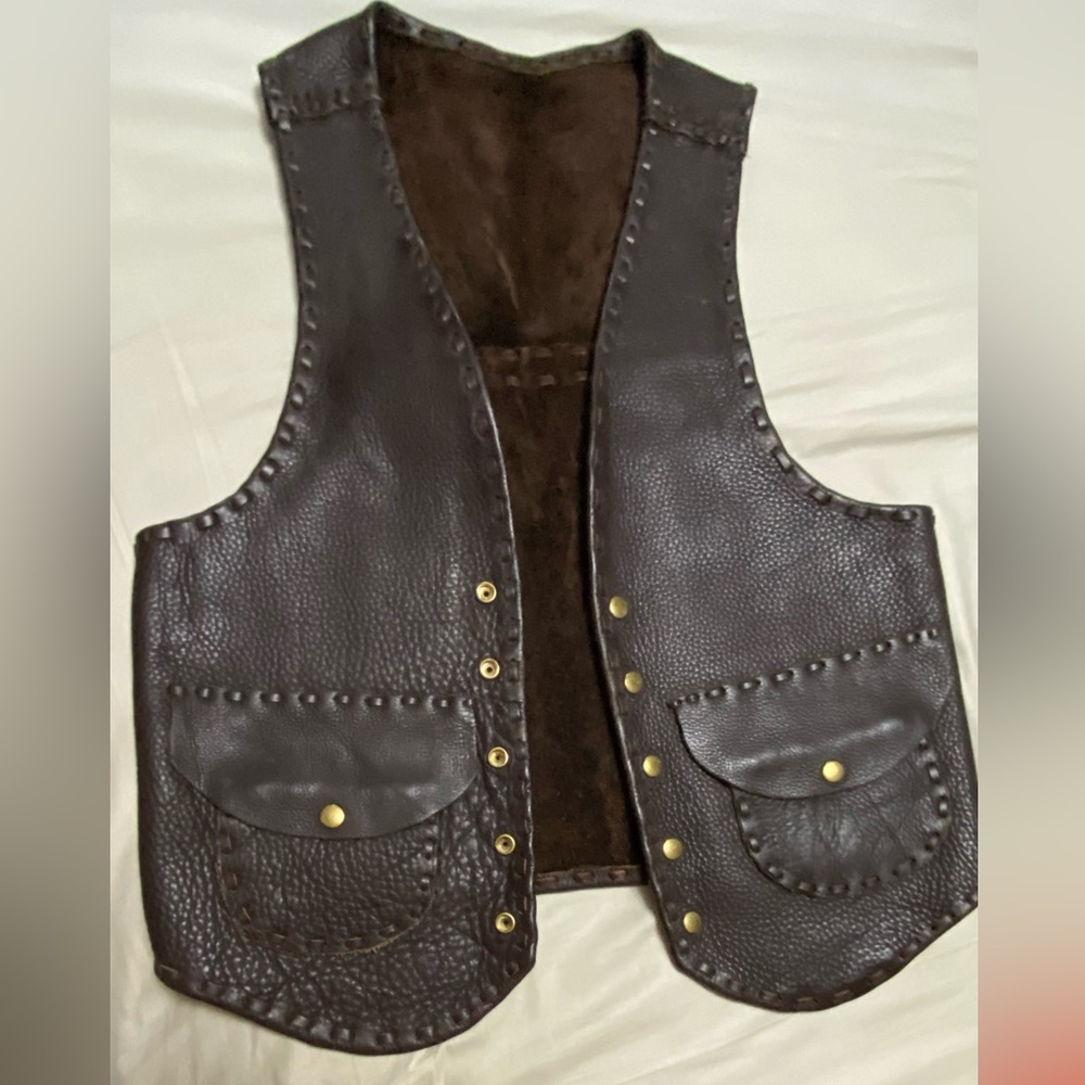Custom stitched leather vintage motorcycle vest- color Brown with snap buttons